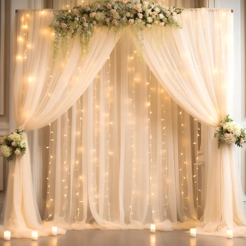 20x10ft Champagne Tulle Backdrop Curtain with Lights String for Parites, Sheer Backdrop Curtains for Wedding Baby Shower Birthday Party Photo Shoot Decorations