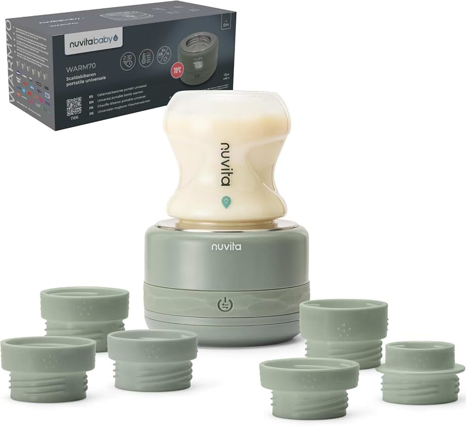 Nuvita 1166 Warm70 Kabelloser Flaschenwärmer 70°C – USB-Aufladbar, Universell Kompatibel mit 6 Adaptern, 5 Temperatureinstellungen bis 70°C, Schnelles Aufheizen in 2,5 Min, Hält bis zu 6 Std. Warm