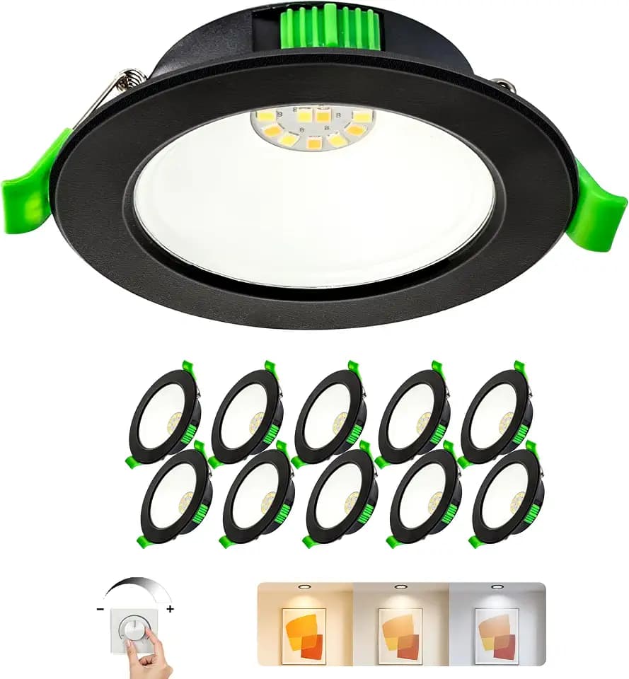 LED Einbaustrahler 230V Dimmbar 10er Set, 5W Ultra Flach Spots Deckenleuchte, LED Spot 230V 3CCT mit IP44 Wasserdicht für Badezimmer Küche Wohnzimmer, Ø68-75mm Lochmaß, Schwarz