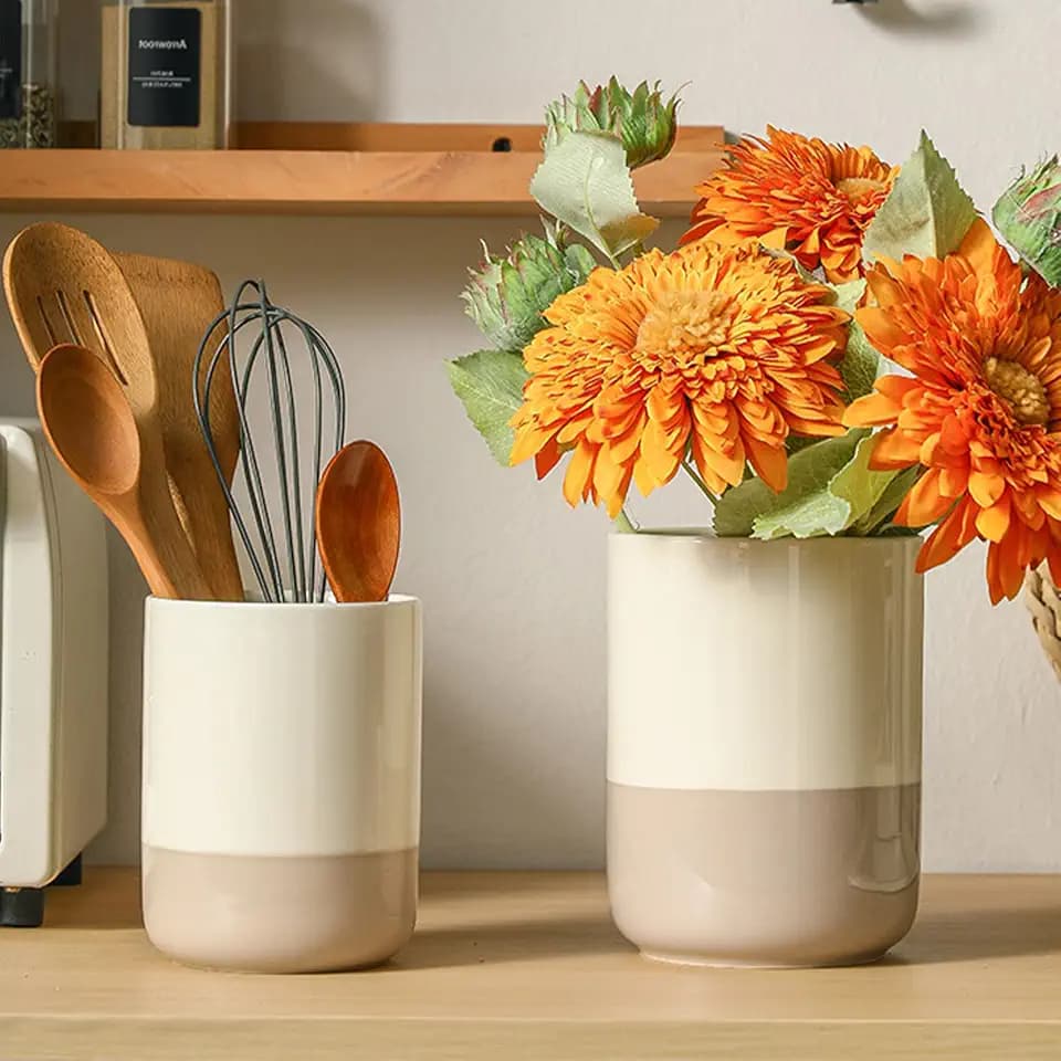 Ceramic Utensil Holder Set, 6.3''+5.3'' Cooking Utensil Crocks for Kitchen Counter, Modern Design Cooking Tool Organizer Set of 2, 800ml+1300ml Ideal for Spatula, Cutlery, Makeup, Flower Vase