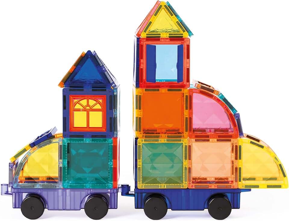 LUDI - Magnetische Fahrzeuge – 3D-Bauspiel – 63 magnetische Teile – Fahrzeuge erschaffen – Transportkoffer – ab 2 Jahren, Transparent, Bunt