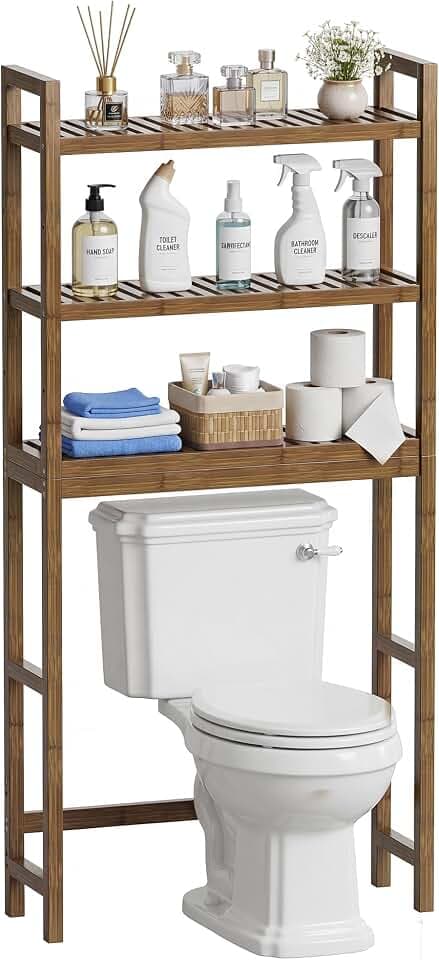 SMIBUY Toilettenregal, Bambus WC Regal, Verstellbar Waschmaschinenregal, Badezimmerregal mit 3 Ablageflächen, platzsparend, leicht zu montieren, Walnuss