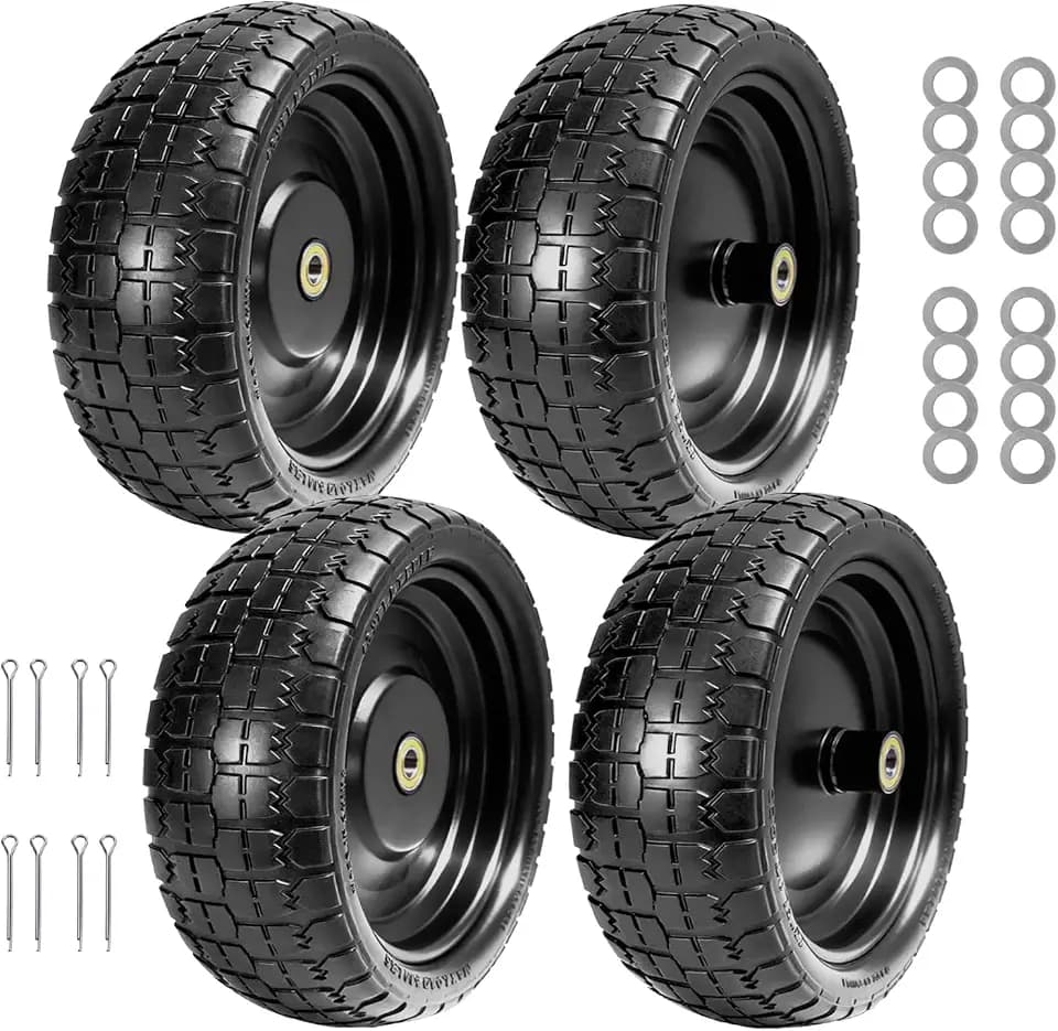 13" Flat Free Solid Tire, 4.00-6, for Gorilla Cart, Wagon & Wheelbarrow, 5/8" Bearings, 2.1" Offset Hub, 4 Pack