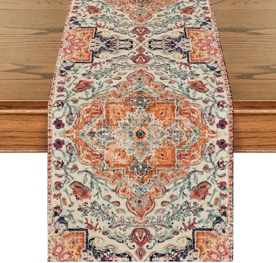 Artoid Mode Boho Bohemia Style Orange Table Runner, Country Rustic Farmhouse Magical Fall Kitchen Dining Table Decoration for Home Party Decor 13x120 Inch