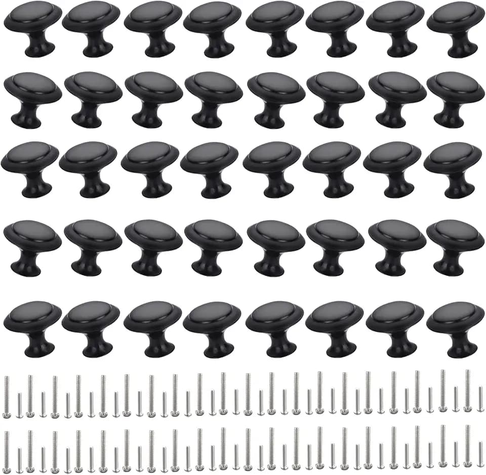 SmaringRobot 40 Pieces Cabinet Knobs, Kitchen Cabinet Handles, Drawer Pulls with Screw, Matte Black, Solid Zinc Alloy, 1-1/6 Inch (30mm) Diameter, Round Cabinet Hardware for Dresser Door, Cupboard