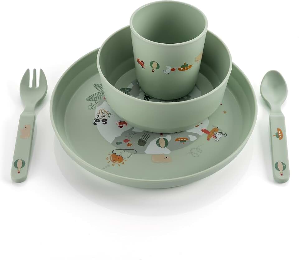 reer Kindergeschirr Set | Motiv: Little Explorer | Geschirr für Kleinkinder aus 100% ISCC-zertifiziertem Material | 5-teilig | BPA-frei* | spülmaschinengeeignet