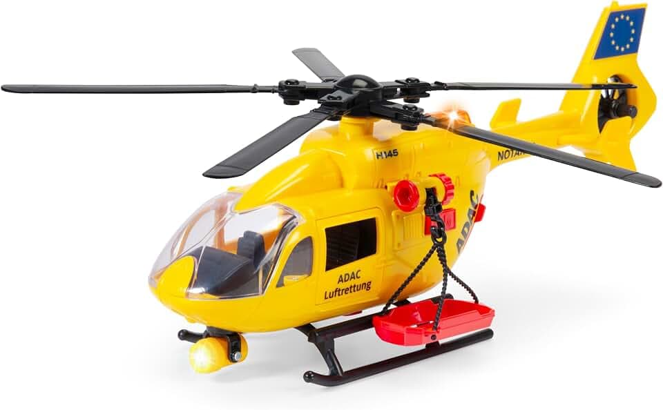 Dickie Toys - ADAC Rettungshelikopter Airbus H145 (36 cm) - großer Hubschrauber mit Aufzieh-Propeller, Seilwinde, Licht & Sound, Spielzeug-Helikopter für Kinder ab 3 Jahre, inkl. Batterien