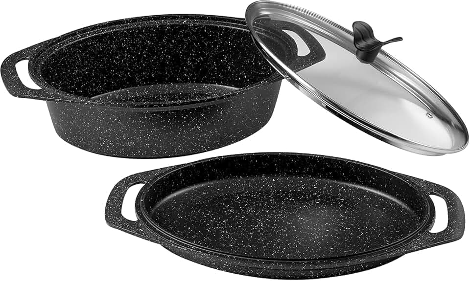 Pradel Excellence, PCUI001027, 3er-Set Premium Aluminiumguss-Kochtöpfe 33,5x25cm, Glasdeckel, Antihaftbeschichtung in Steinoptik, alle Herdarten