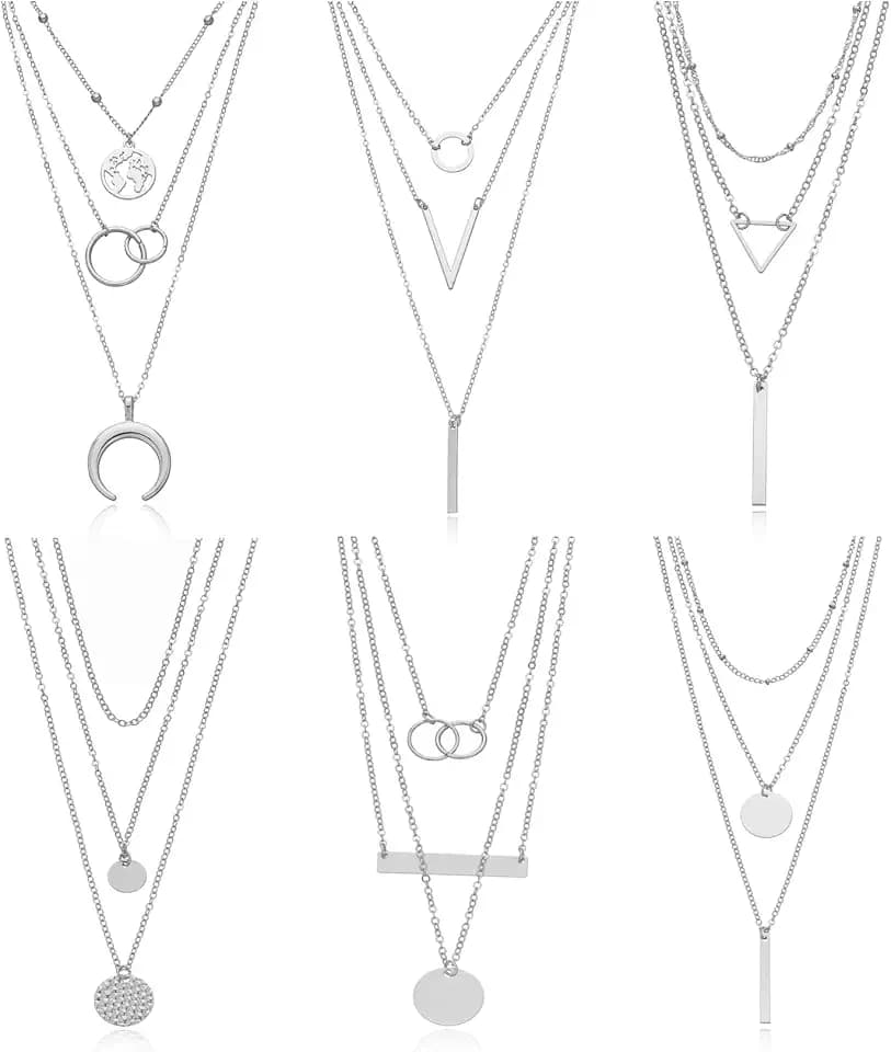 6 Pieces Layered Necklaces For Women Long Necklaces Gold Choker Necklaces Map Coin Bar Crescent Moon Necklace Layered Y Pendant Necklace Multilayer