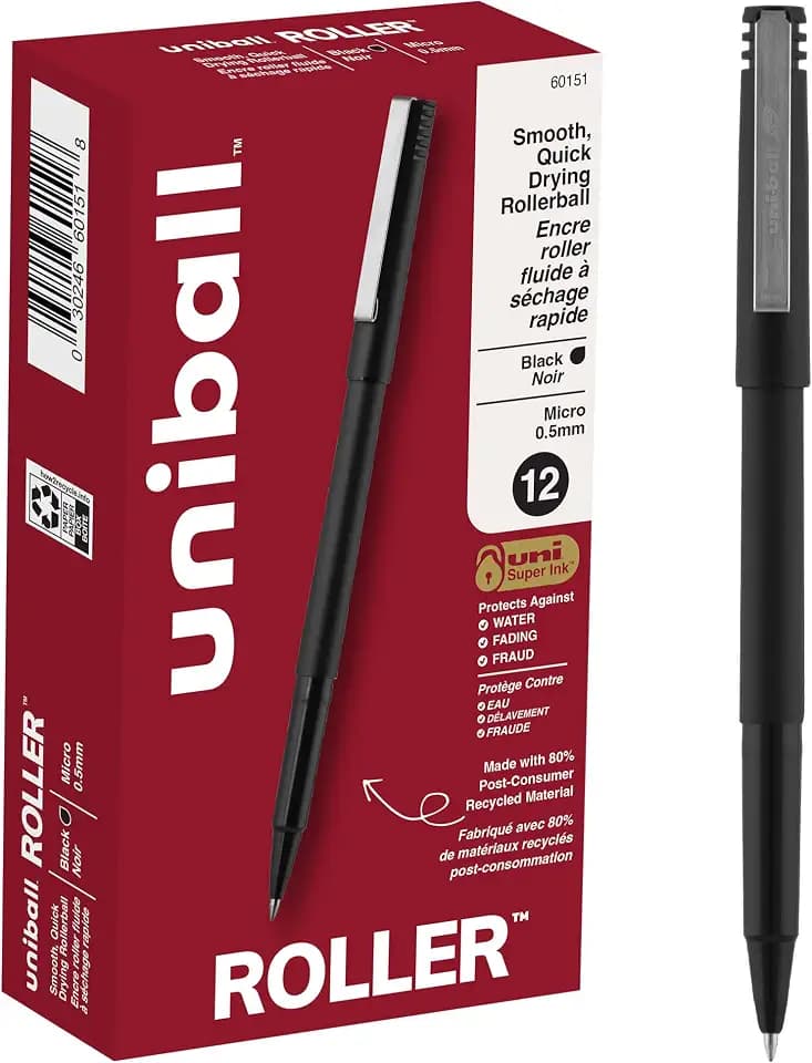 uniball™ Roller Rollerball Pens, Micro Point (0.5mm), Black, 12 Pack