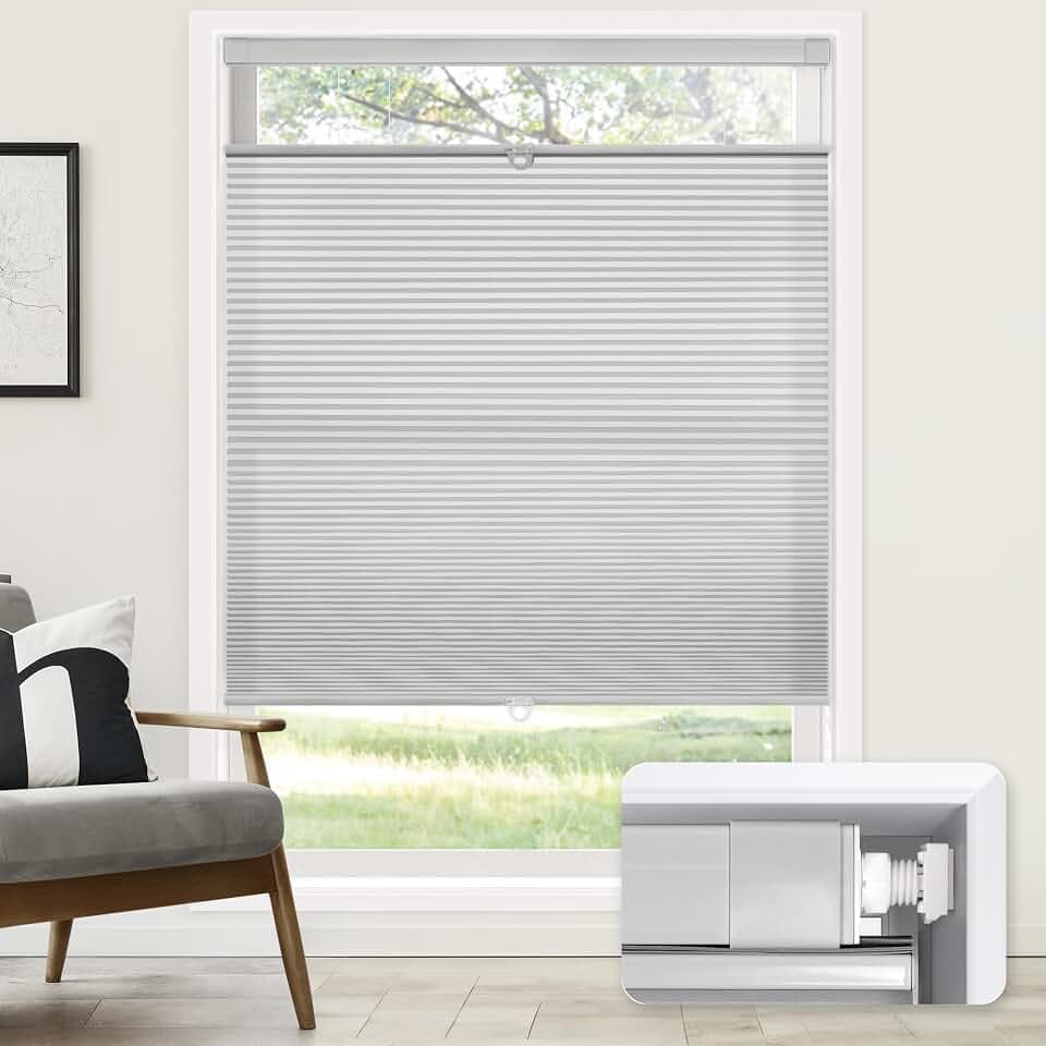LazBlinds No Drill Cordless Cellular Shades, 34" W x 64" H, Grey
