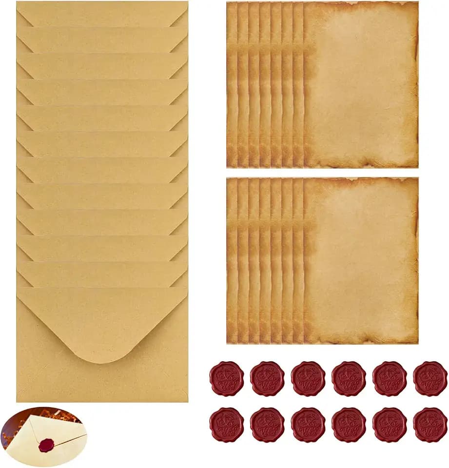 40 Stück Vintage Briefpapier mit Umschlag, Mittelalterliches Briefpapier Vintage Schreiben Set mit 12 Kraftpapier Umschläge 16 Kraftpapier und 12 Wachssiegel-Aufkleber Briefumschlag Briefpapier Set