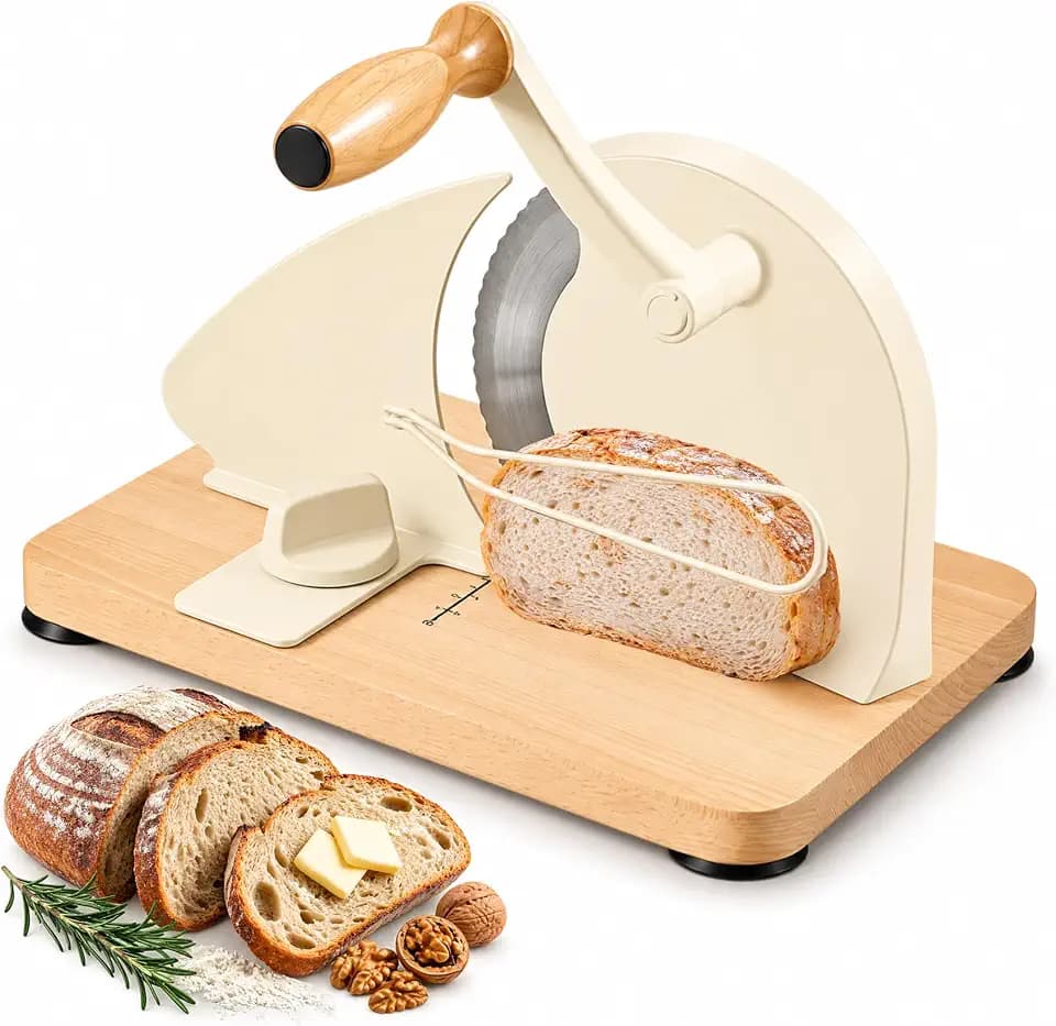 Brotschneidemaschine Manuell mit Handkurbel, Brotschneider 0–23 mm, Verstellbare Schnittstärke, Edelstahlklinge, Führungsschiene, Saugnäpfe, für Sauerteigbrot, Toast, Baguette