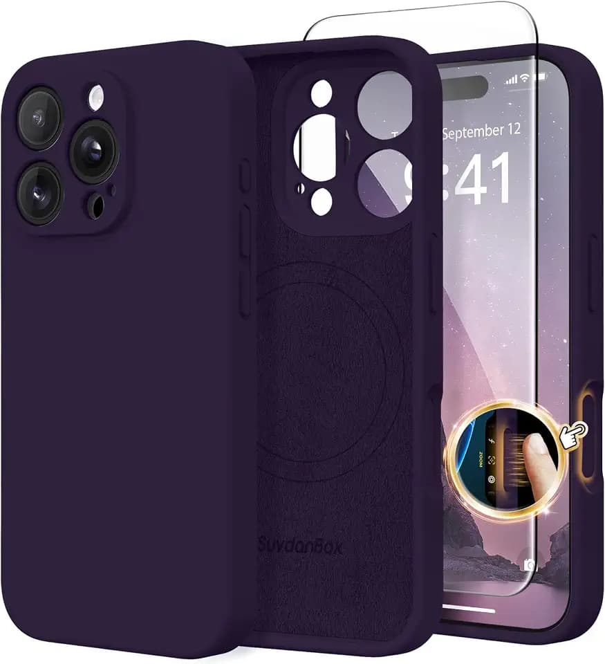 SuydanBox Magnetische Hülle für iPhone 16 Pro Max, kompatibel mit MagSafe, [Vollständiger Kameraschutz] [Displayschutzfolie] Stoßfeste Silikon-Schutzhülle für iPhone 16 Pro Max 6,9 Zoll, Dunkelviolett