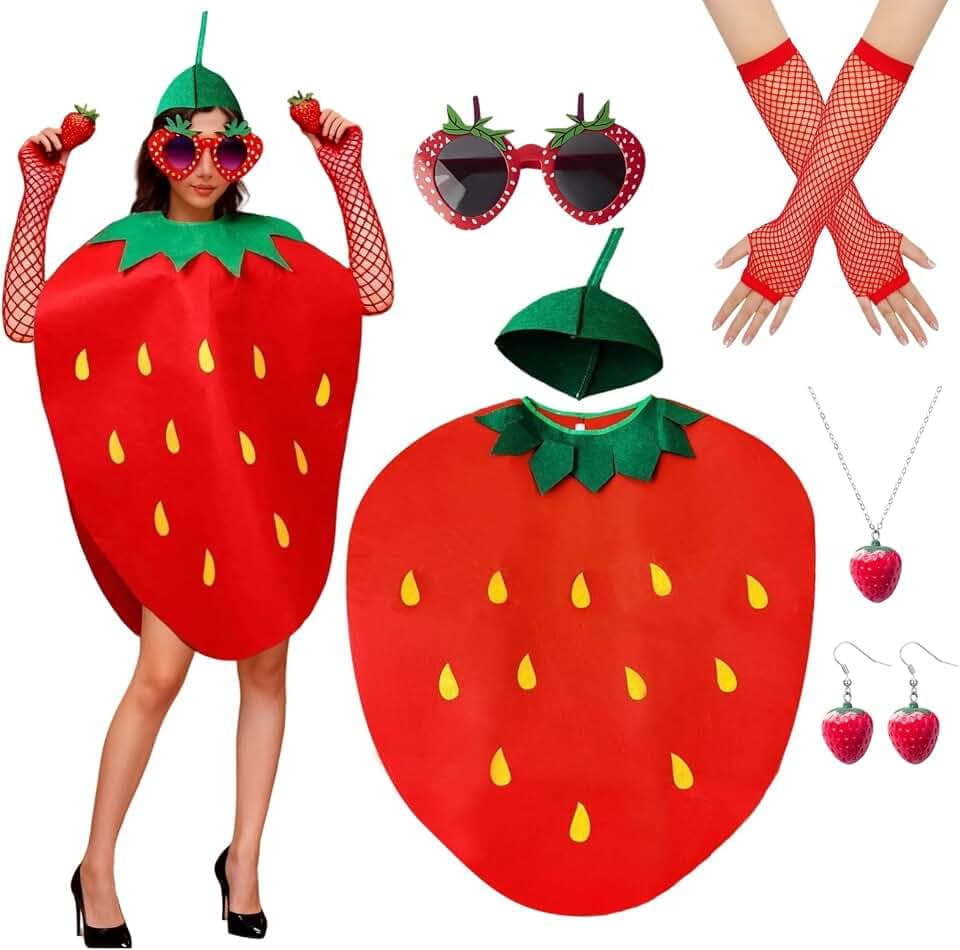 5er Erdbeer Kostüm Damen,Lustig Obst Kostüm mit Bedrucktem Überwurf+Erdbeer Brille+Hut,Ohrringe,Halskette,Handschuhe für Fasching Karneval Mottoparty