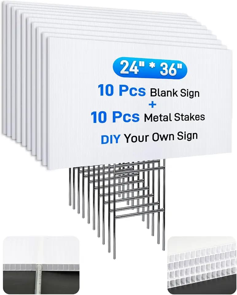 Mulctun 24"x36" 5mm Blank Yard Signs with Stakes,10Pcs Corrugated Plastic Board Yard Signs,Waterproof Corrugated Plastic Sheets for Lawn Signs,Garage Sale,Open House and Real Estate Indoor Outdoor Use（White）