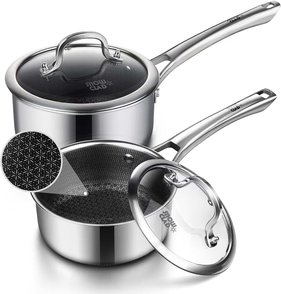 Sauce pan with lid,1.5 Quart & 2.5 Quart Hybrid Nonstick Sauce pans set, Stainless Steel Butter Warmer cookware,non stick Pots PFOA Free,Works on Induction,Ceramic and Gas Cooktops