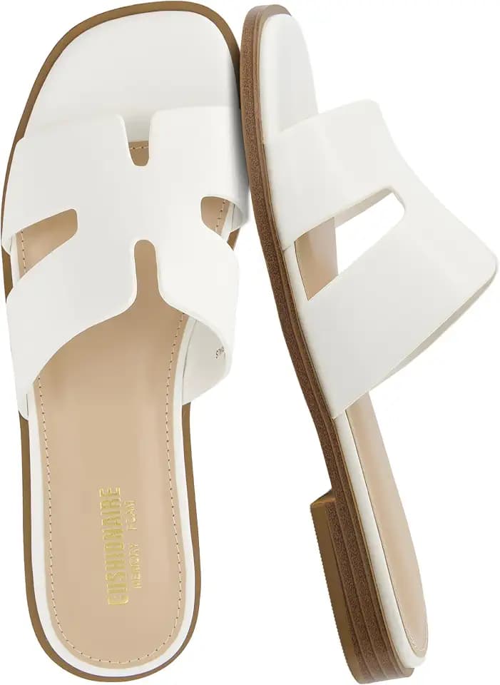 CUSHIONAIRE Voyage Cutout Strap Slides for Women, Slip On Summer Flats, Trendy Footwear, Memory Foam Vegan Leather Comfortable Vacation Style Sandals