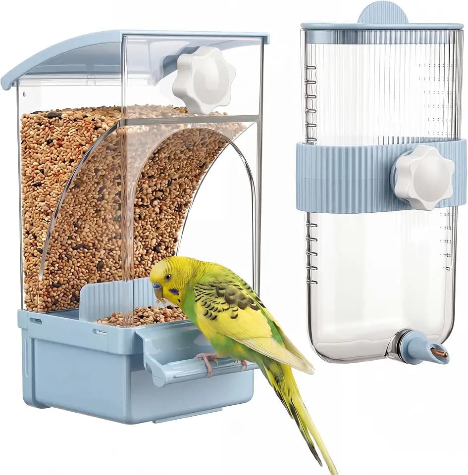 Novabright No Mess Bird Feeder Water Dispenser Set, Automatic Transparent Bird Food Container and 12 oz Automatic Water Feeder for Small Birds Parrot, Cockatoo, Canary, Cage, Lovebird, Budgies(Blue)