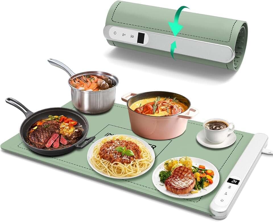 INNOWARMER Food Warming Mat - Ugrade Graphene Full Surface Heating, 500W Fast Heating, Adjustable Temperature, Food Grade Silicone, Food Warmer for Gatherings, Parties, Travel, Daily Use (Green)