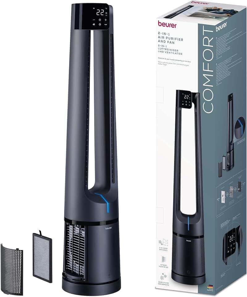 Beurer LV 500 PureFlow 2-in-1 Ventilator & Luftreiniger, rotorloser Turmventilator mit 130° Oszillation, HEPA H13 Filter, 5 Modi inkl. leisem Sleep-Modus, Standventilator mit Fernbedienung