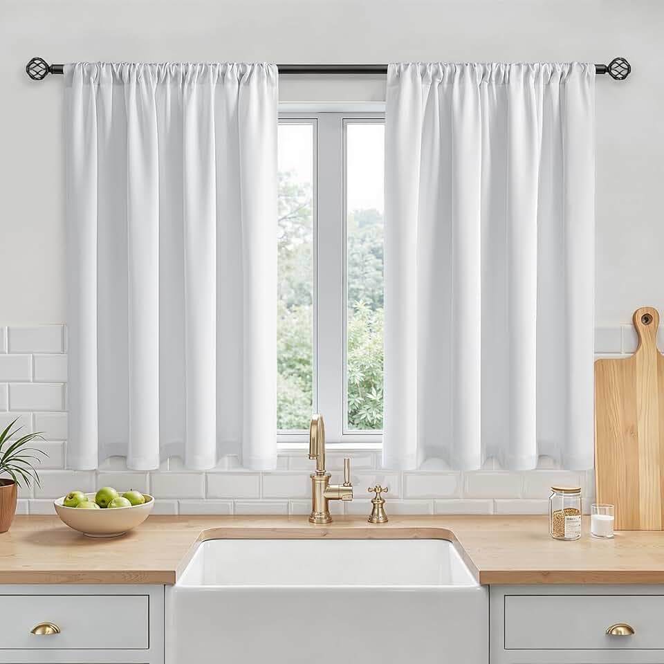 MRTREES Weiße wasserdichte Stangentaschenvorhänge, kurze Verdunkelungsvorhänge für Küche, Badezimmer, Fenster und Café, Wohnwagen, Etagenbett, 2 Paneele, 75 x 90 cm, Weiß