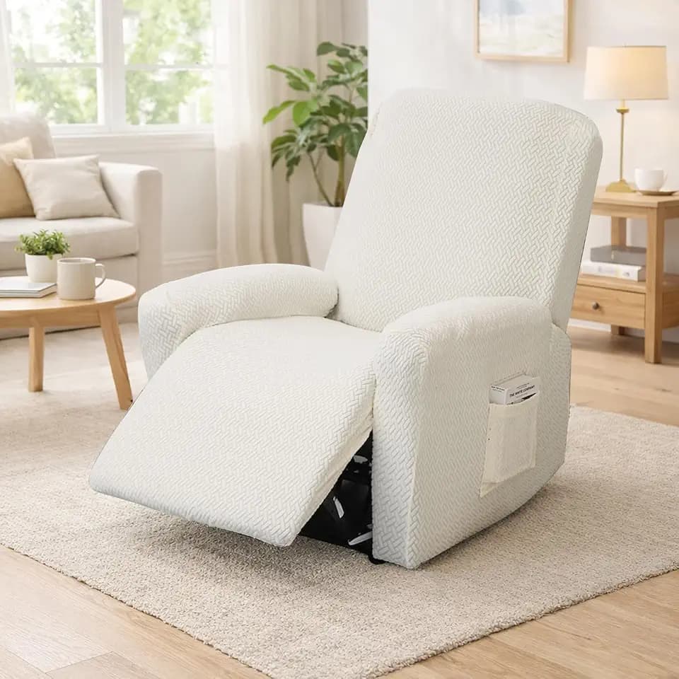 4-Teilig Sesselbezug Rutschfest,Relaxsessel Sesselbezug Stretchhusse,Sessel Überzug mit Armlehnenschoner und Tasche,Elastisch Polyesterfaser Sesselschoner für Fernsehsessel Liege Sessel (Beige)