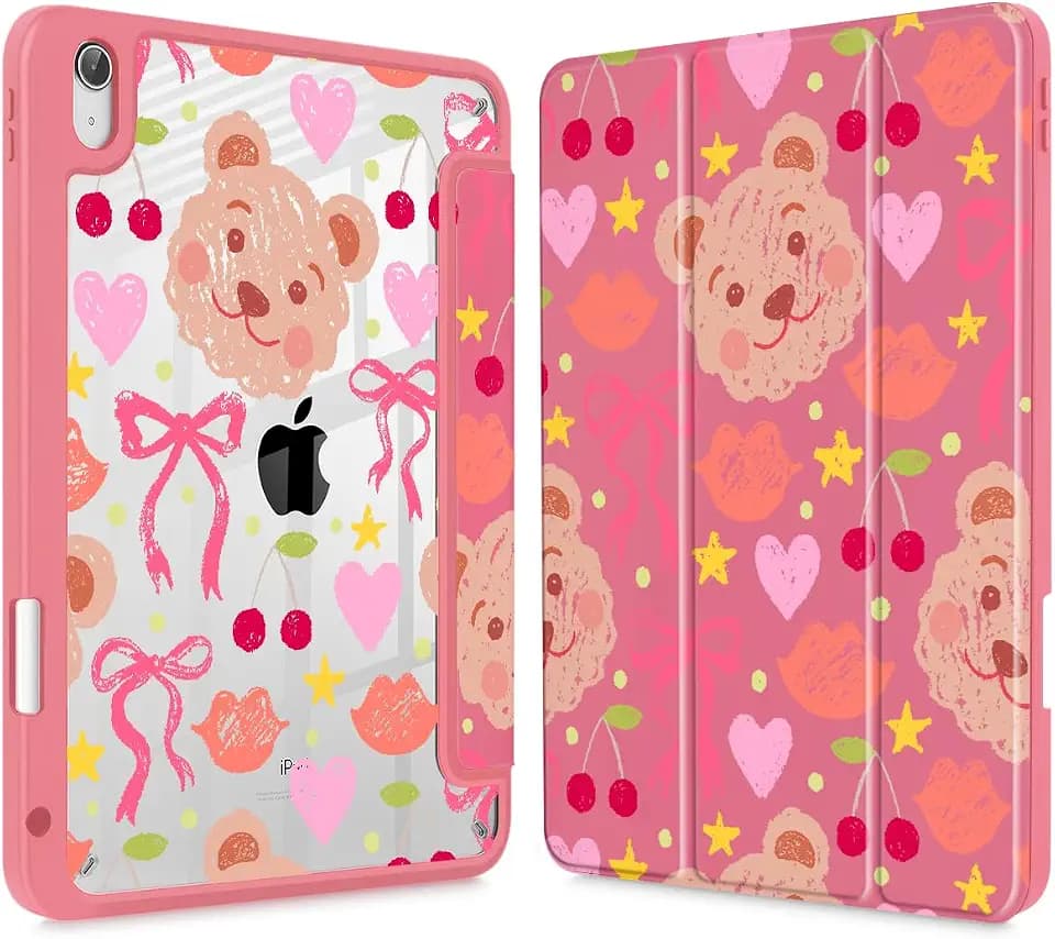 Mektron Case for 2026 iPad Air 11 inch M4 8th (M3 2025 7th /M2 2024 6th), Compatible with iPad Air 10.9" (2022 5th Gen /2020 4th Gen), Buit in Pencil Holder Shockproof Clear Shell, Teddy Bow-Kawaii