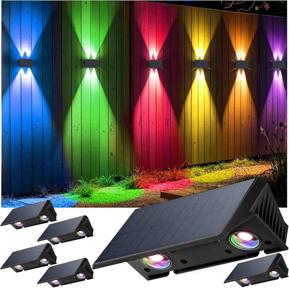 Fence Lights Solar Powered, Multicolor Modes Solar Fence Lights Outdoor IP67 Waterproof, Up and Down Solar Wall Lights Sconce Dusk to Dawn for Patio, House, Garage, Porch, Garden, Festival (6 Pack)
