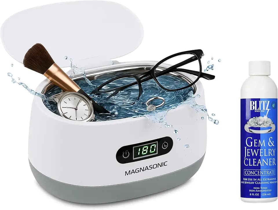 Magnasonic Ultrasonic Cleaner - 20oz Tank Ultrasonic Retainer Cleaner w/ 8oz Gem & Jewelry Cleaner Concentrate Solution, Digital Timer, 5 Cleaning Modes for Glasses, Rings, Dentures, Tools, Aligners