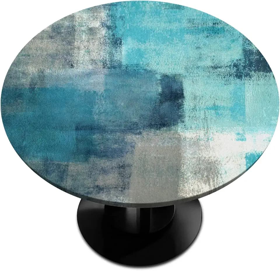 Pardick Turquoise Teal Round Fitted Tablecloth Circle Table Cover with Elastic Waterproof Wipeable Polyester Small Table Cloths for Outdoor Kitchen Picnic Party Dining Decor Fit for 40"-44" Tables
