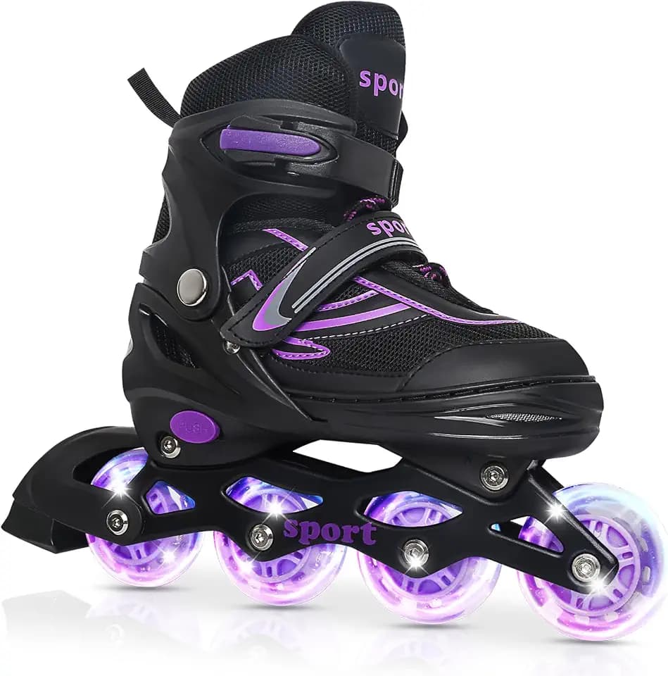 Einstellbare Inline Skates für Kinder Mädchen Jungen Anfänger, Inline Skates mit Light Up Räder für Kinder und Jugendliche für drinnen draußen Sport Violett & Blau