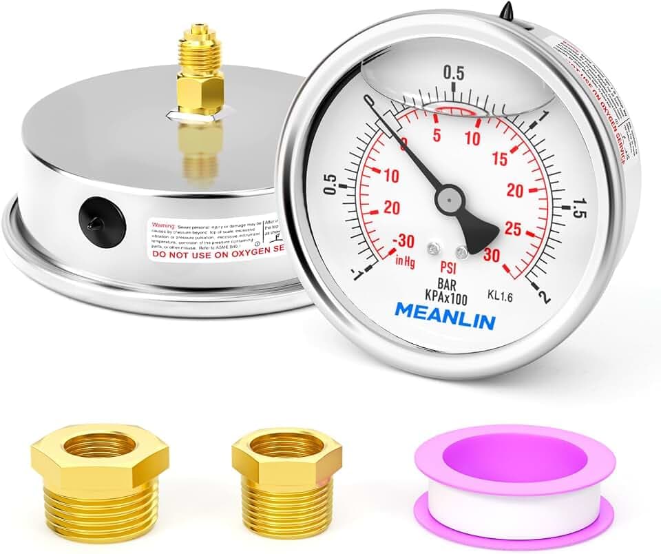 MEANLIN MEASURE -1~2Bar/-30inHg~30Psi Flüssigkeitsgefülltes Manometer Edelstahl 1/4"BSP 4"FACE DIAL WOG Wasser-Öl-Luft Rückwandmontage mit 1/4"x 1/2"BSP und 1/4"x 3/8"BSP Sechskantbuchse