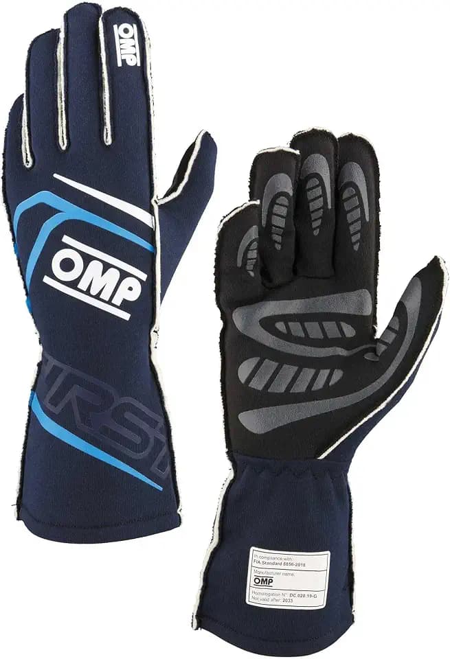 OMP Racing Driving Gloves, First, FIA Approved, Single Layer, Fire Retardant Fabric, Navy Blue/Cyan, X-Large, Pair
