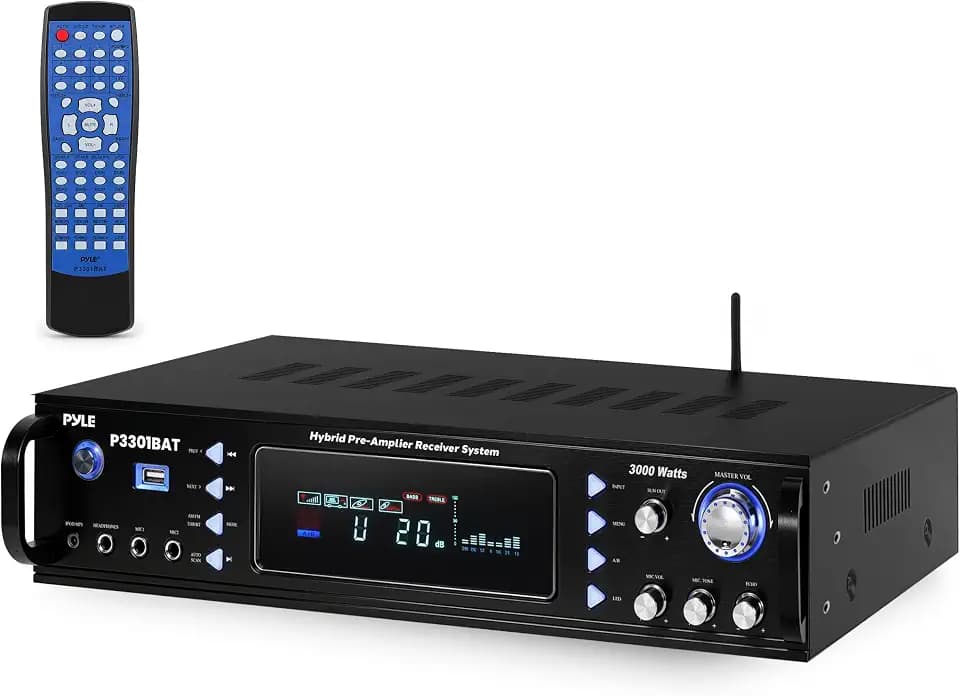 Pyle Bluetooth Home Stereo Amplifier - Hybrid Multi-Channel 3000 Watt Power Amplifier Home Audio Receiver System w/ AM/FM Radio, MP3/USB,AUX,RCA Karaoke Mic in - Rack Mount, Remote - P3301BAT