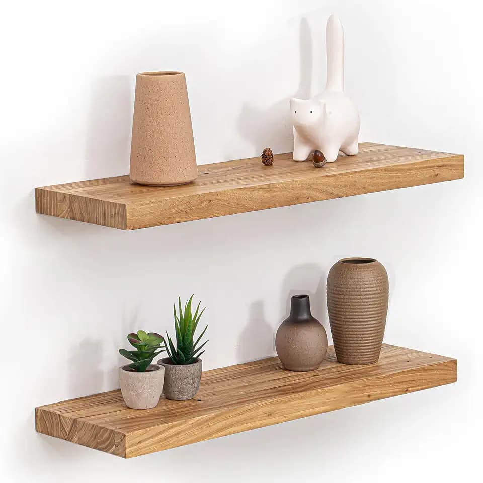 Fun Memories Schweberegale aus massivem Ulmenholz, rustikale Wandregale mit versteckten Schwerlasthalterungen für Wohnzimmer und Küche, 61 cm, Natur