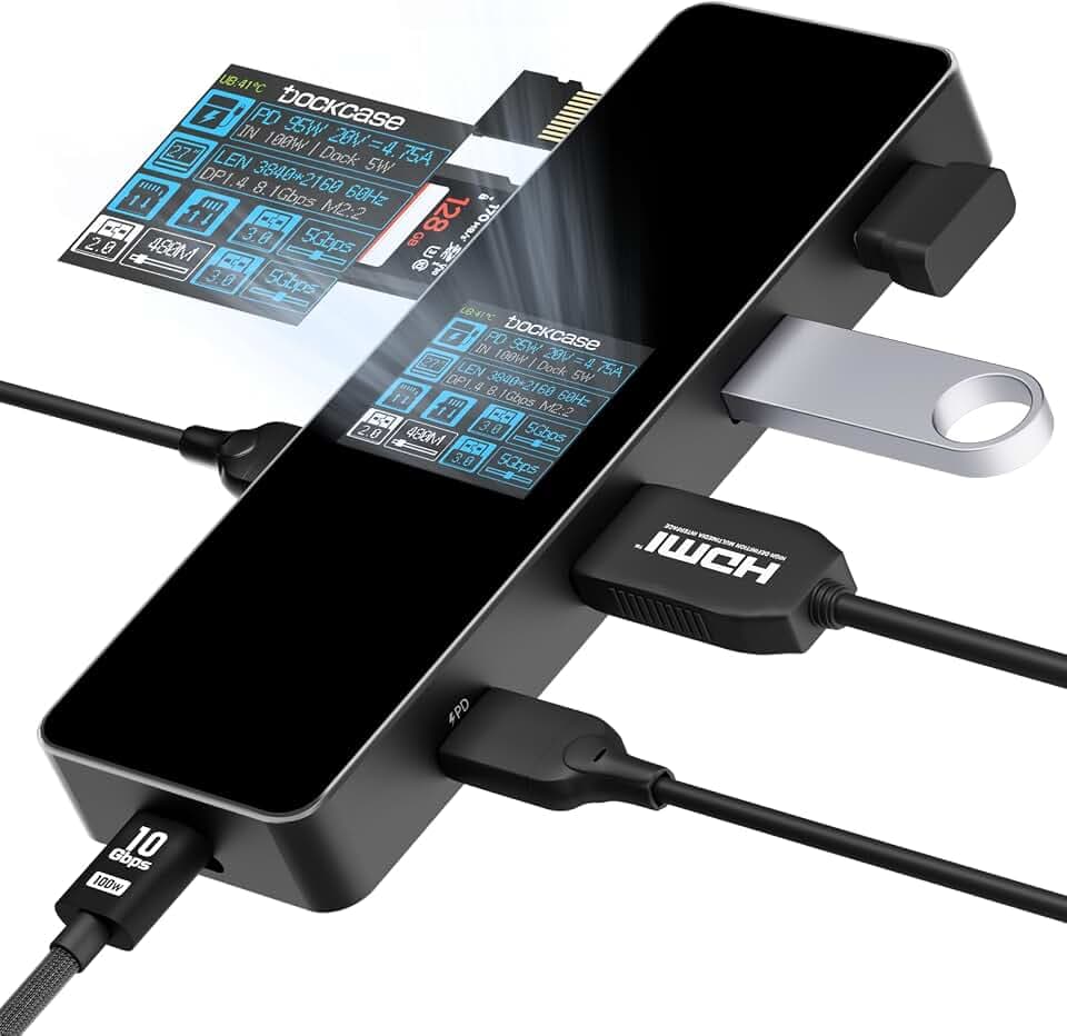 DOCKCASE Smart Hub USB C (7 in 1 mit HD-Bildschirm) mit HDMI 4K@60Hz, Power Delivery (PD) 100W, 3 USB-A 3.0 Ports, SD/TF Kartenleser, USB C Adapter kompatibel mit MacBook Pro/Air, Dell XPS