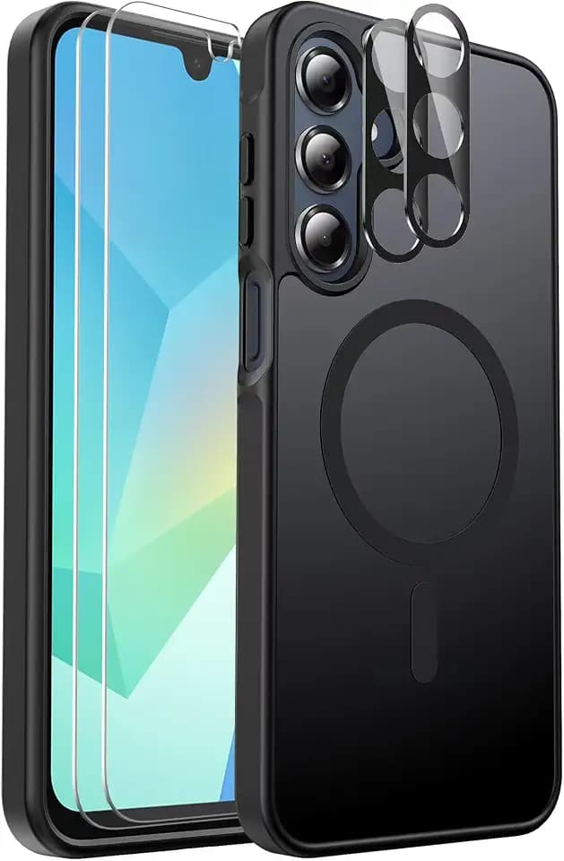 for Samsung Galaxy A16 5G Phone Case Magnetic Shockproof, [Fit for MagSafe] [Glass Screen Protector + Camera Lens Protector] Translucent Anti-Fingerprint (Black)