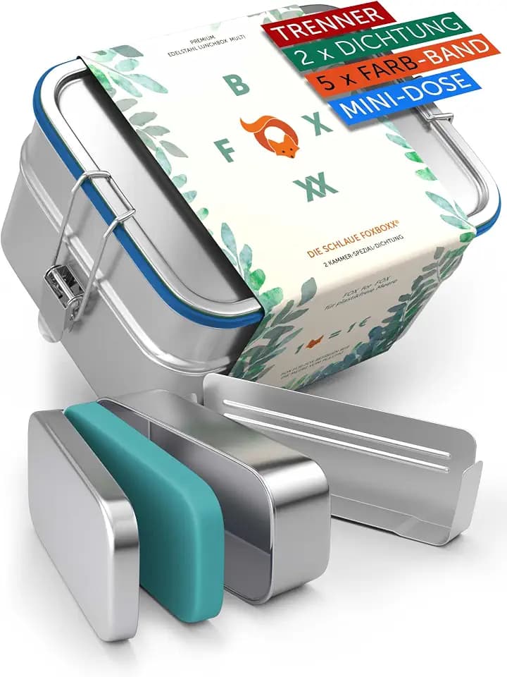 FOXBOXX Edelstahl Brotdose Premium | Multi 1550ml DOPPELDECKER | 2 Ebenen + 1 Trenner + 150ml MiniBox & 2 x Deckel + 5 DEKO-Farbringe | Smart Clips + 2 x Dichtung | Brotzeitdose dicht