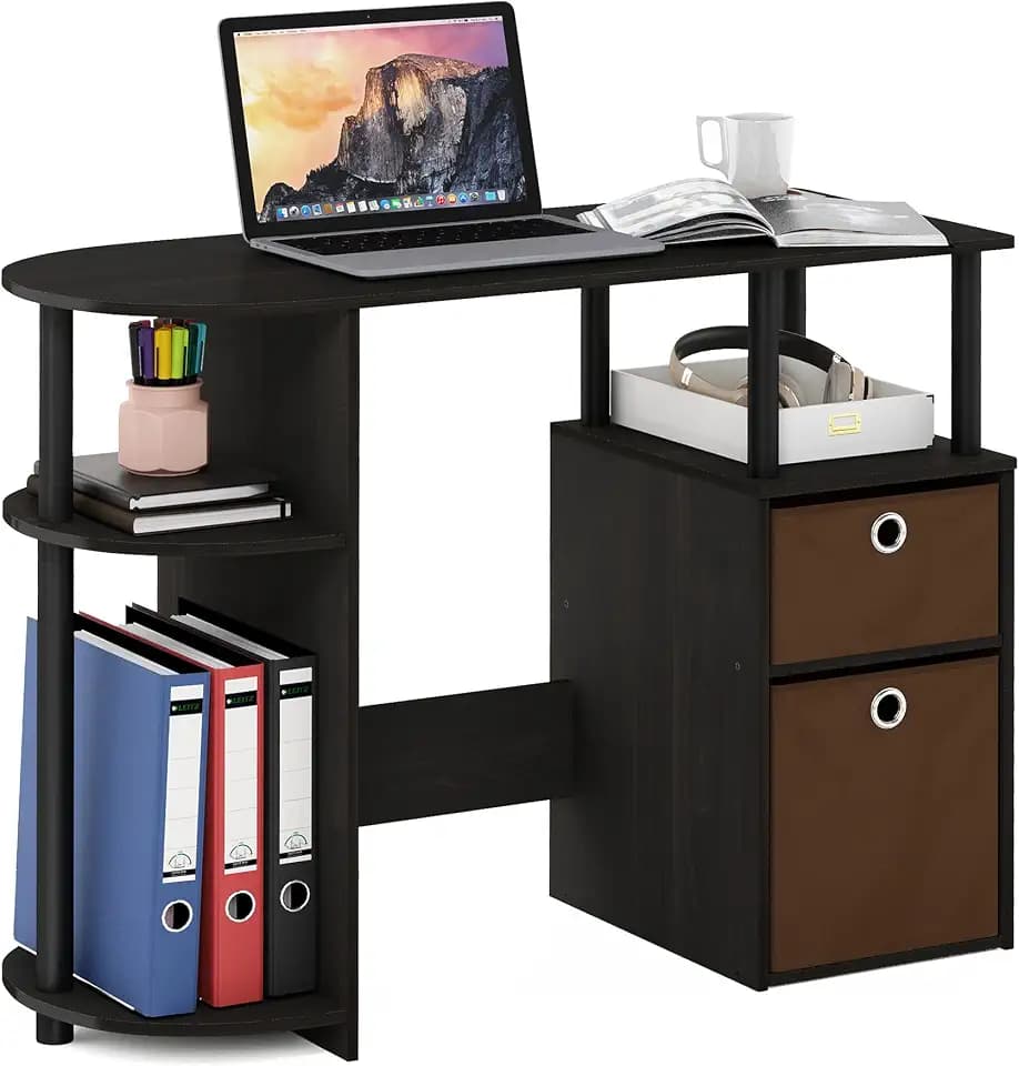 Furinno JAYA Desk, 38.4" Wide Gaming Desk with Bin Drawers, Computer Desk with Side Shelf, Office Desk for Study, Home Office, Bedroom, Dorm, Study Room, Espresso