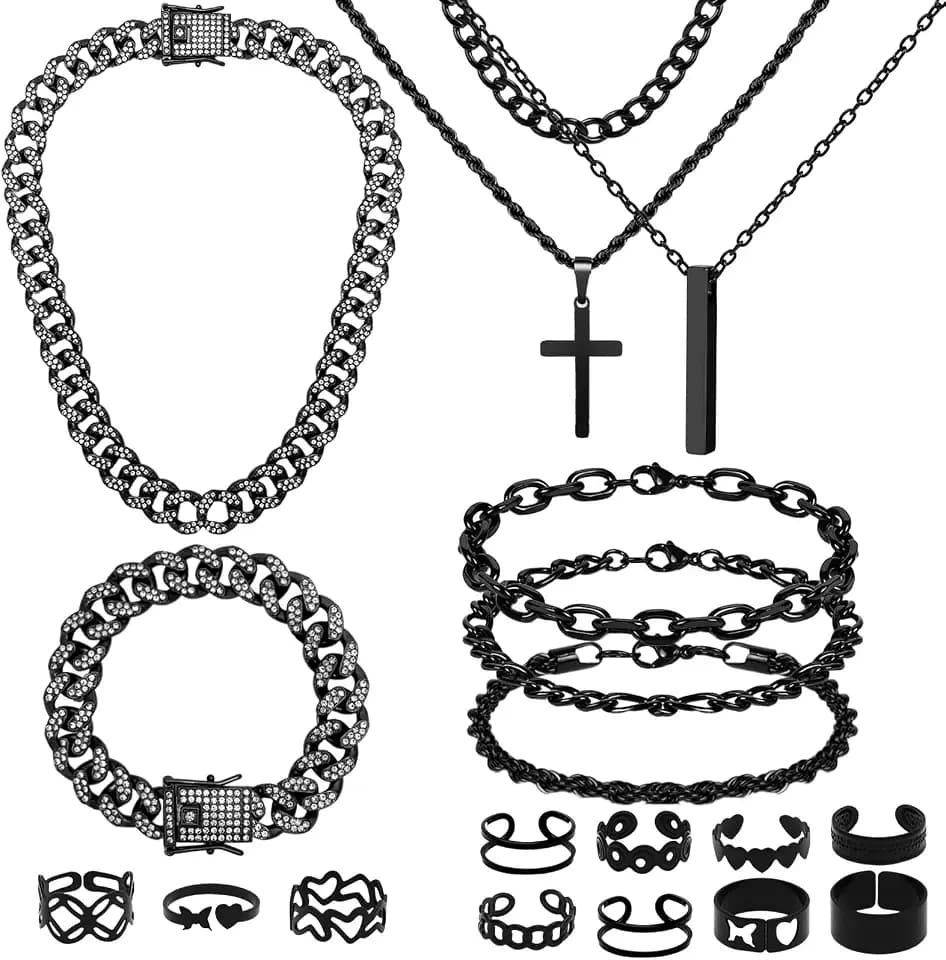 NEWITIN 15 Pcs Silver Jewelry Set for Men Stainless Steel Cuban Jewelry Set