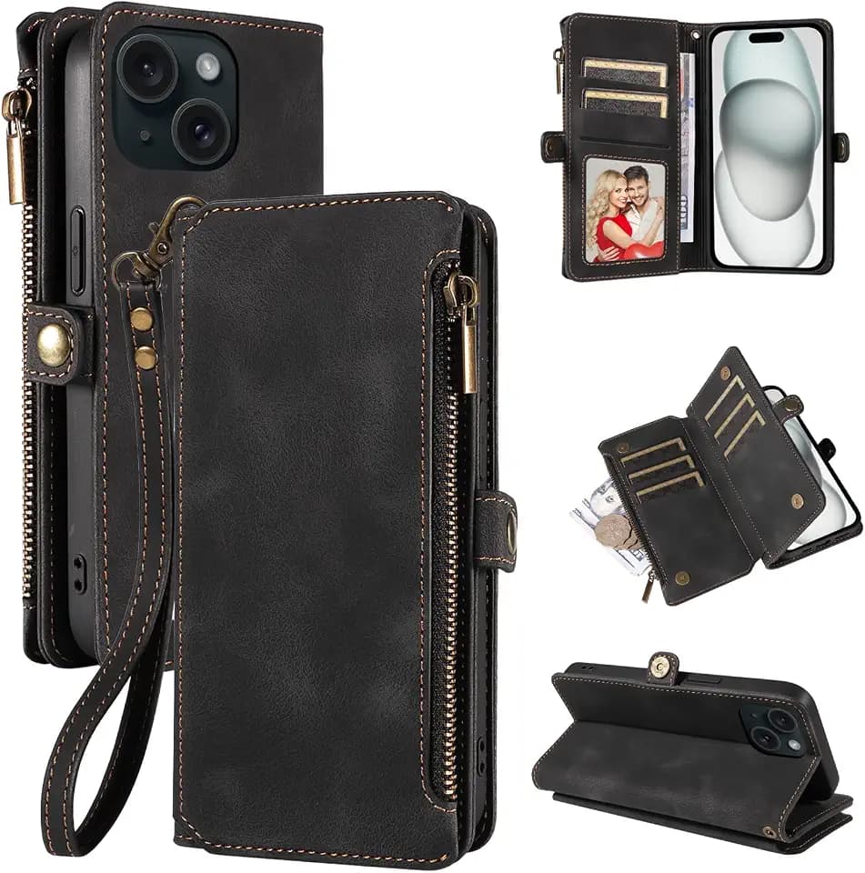 S. Tedazo Wallet Case Compatible with iPhone 15 Plus, Card Holder and Wrist Strap, Durable PU Leather Magnetic Closure Flip Cover with Zipper, RFID Blocking for iPhone 15 Plus, Black