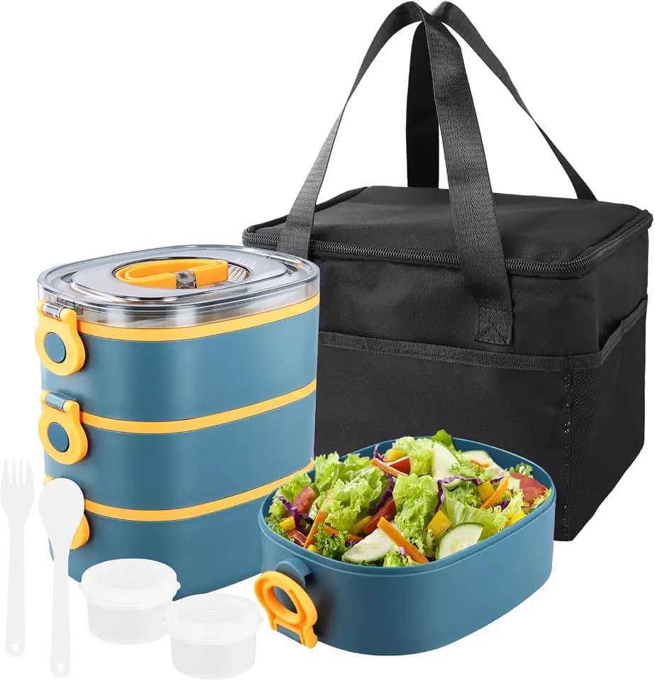3 in 1 Lunchbox mit Fächern, Bento Box 2800ml mit Tasche, Auslaufsichere Essensbox 3 Lagen Stapelbare, Snackbox mit Partition Besteck, Brotdose Kinder Erwachsene, BPA Frei, Mikrowellengeeignet