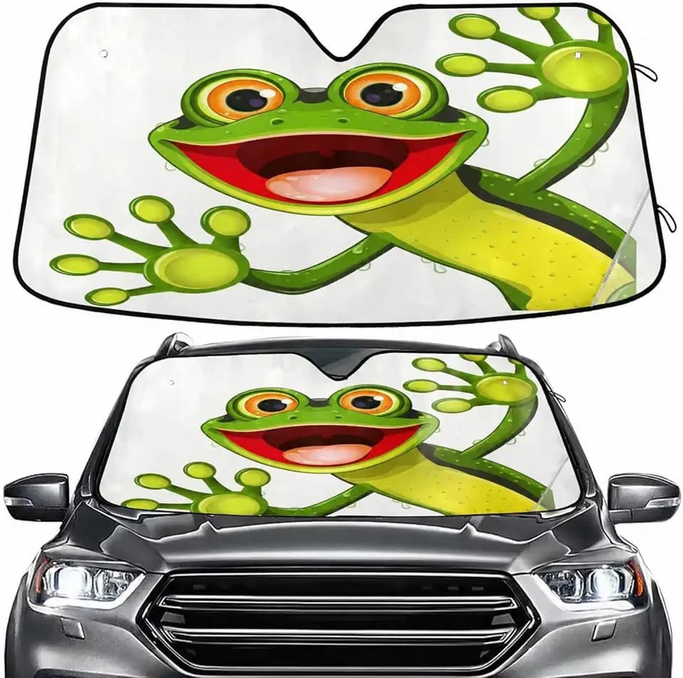 Funny Cute Green Frog Windshield Sun Shade for Car Auto SUV Truck Foldable Front Window Sunshade Sun Visor Protector Block UV Rays Reflect Heat, 55" x 28"