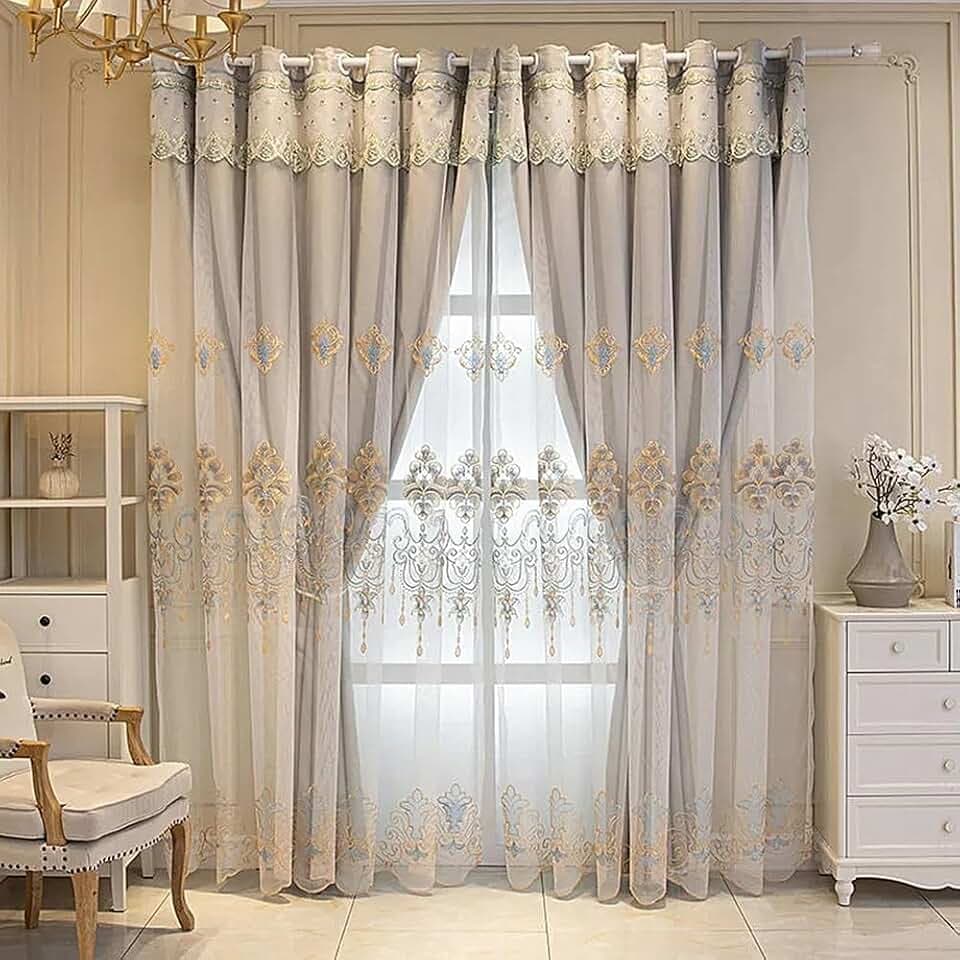 Amidoudou 1 Paar Europäische Vorhänge Mit Valance Befestigte Doppelschicht Vorhänge Für Wohnzimmer Schlafzimmer (Grau,140 x 230 cm)