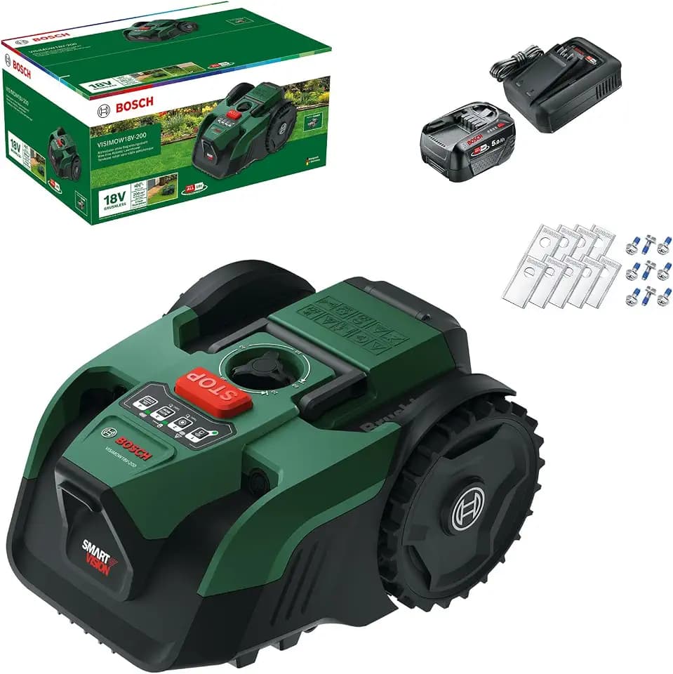 Bosch Akku-Mähroboter VISIMOW18V-200 (für Rasenflächen bis 200 m², Schnittbreite: 18 cm, Schnitthöhe: 20-60 mm, mit Ersatzmessern, inkl. Akku und Ladegerät)
