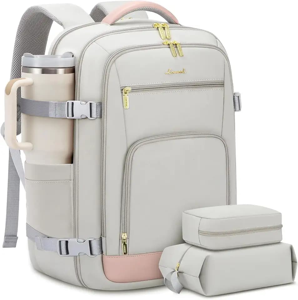 LOVEVOOK Travel Backpack for Women, 40L Carry On Backpack Flight Approved, TSA Personal Item Travel Bag Fits 17 Inch Laptop, Business Weekender Overnight Waterproof Daypack with 2 Cubes, Grey-Pink