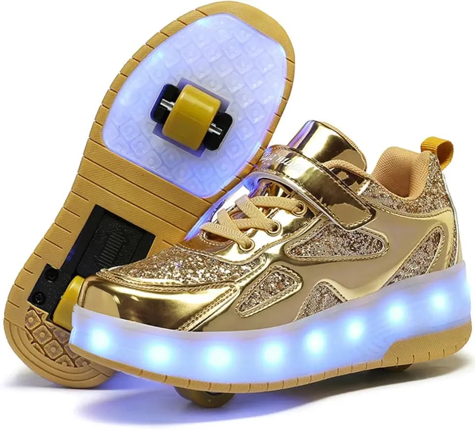 Kids Rechargeable LED Flashing Roller Skate Shoes Sneakers for Unisex, Gold-1