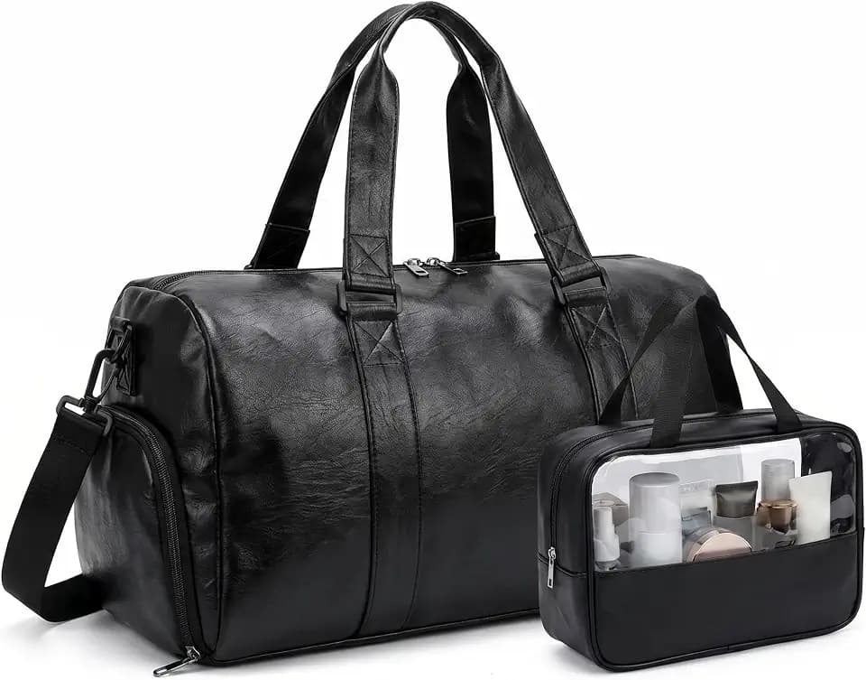 2PCS Leather Travel Duffle,Weekender Overnight Bag for Men & Women(Black)