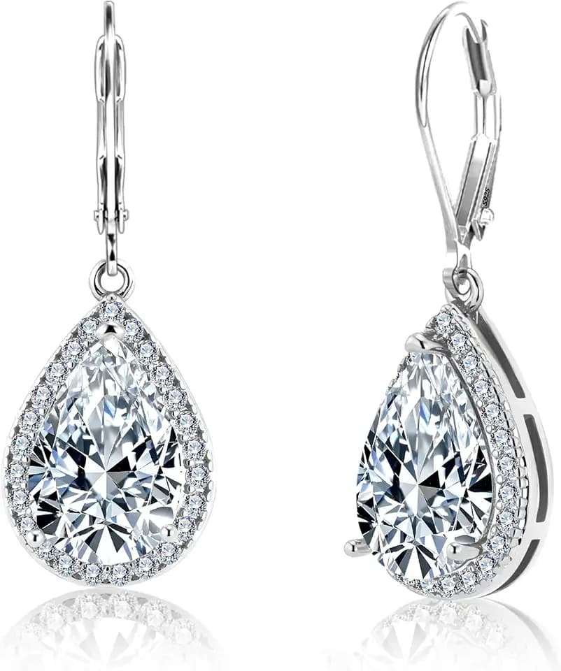 Silver Heart Dangle Earrings Leverback Cubic Zirconia Hypoallergenic Earrings